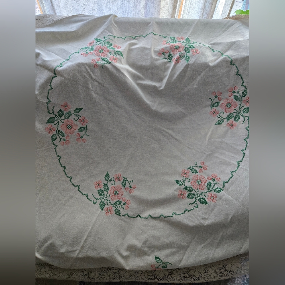 Vintage Handstitched Floral Tablecloth